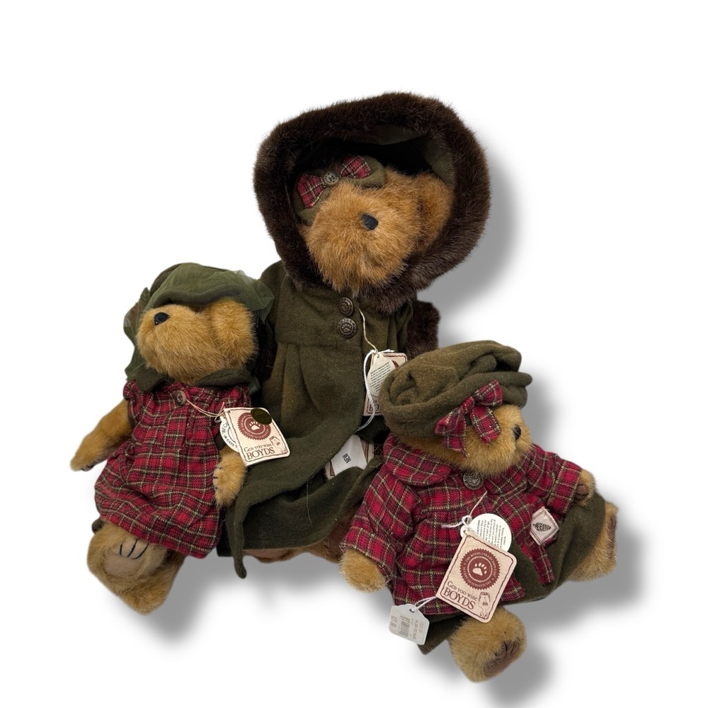 Boyds Bears Plush Set of 3 NWT Brown T.J.'s Best Dressed Plaid‎ Coat Tags